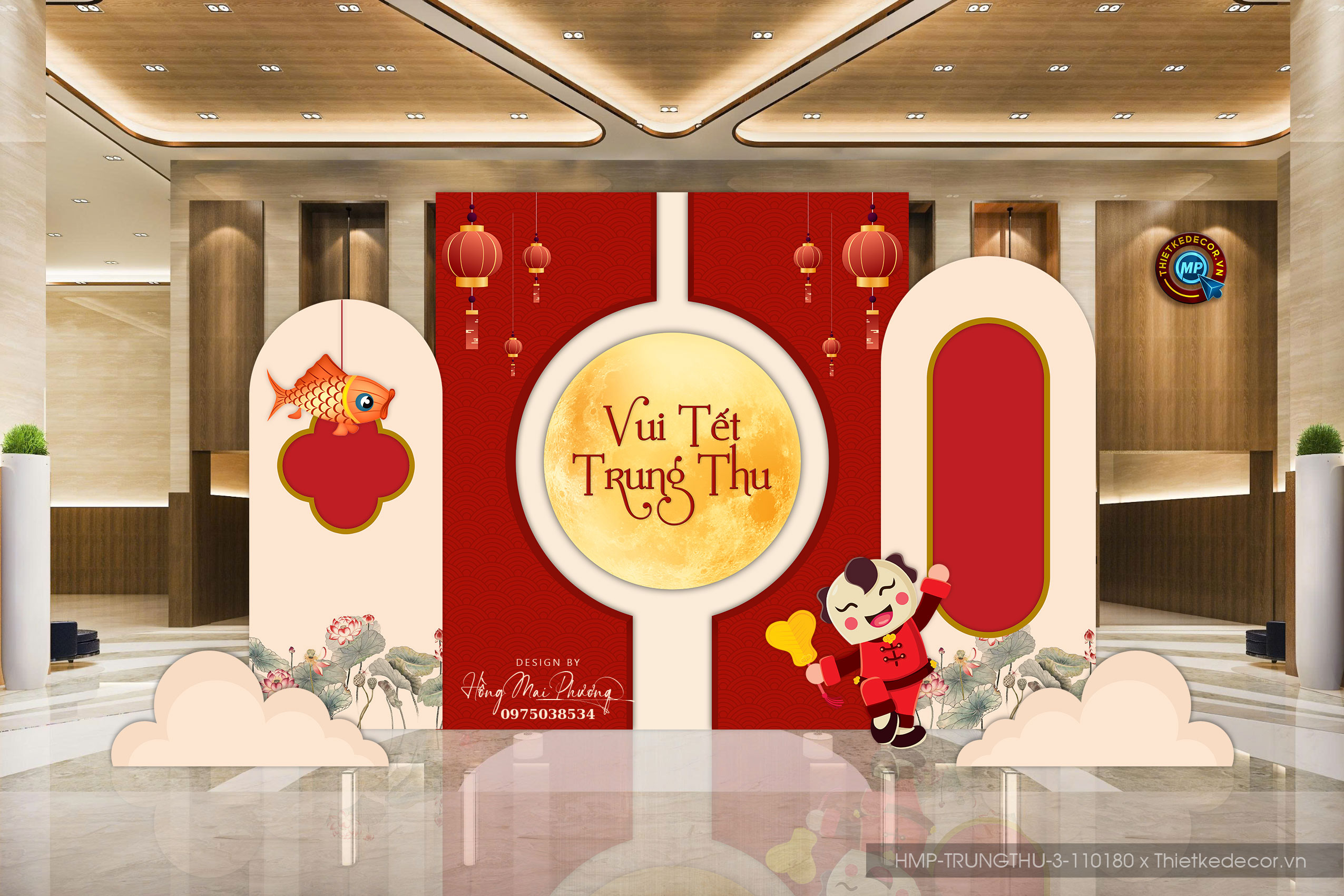 Vui tết trung thu tone đỏ và kem. Chú cuội cầm quạt so cute